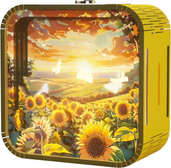 Gele lamp met een 3D-afbeelding van een zonnebloemveld bij zonsondergang.