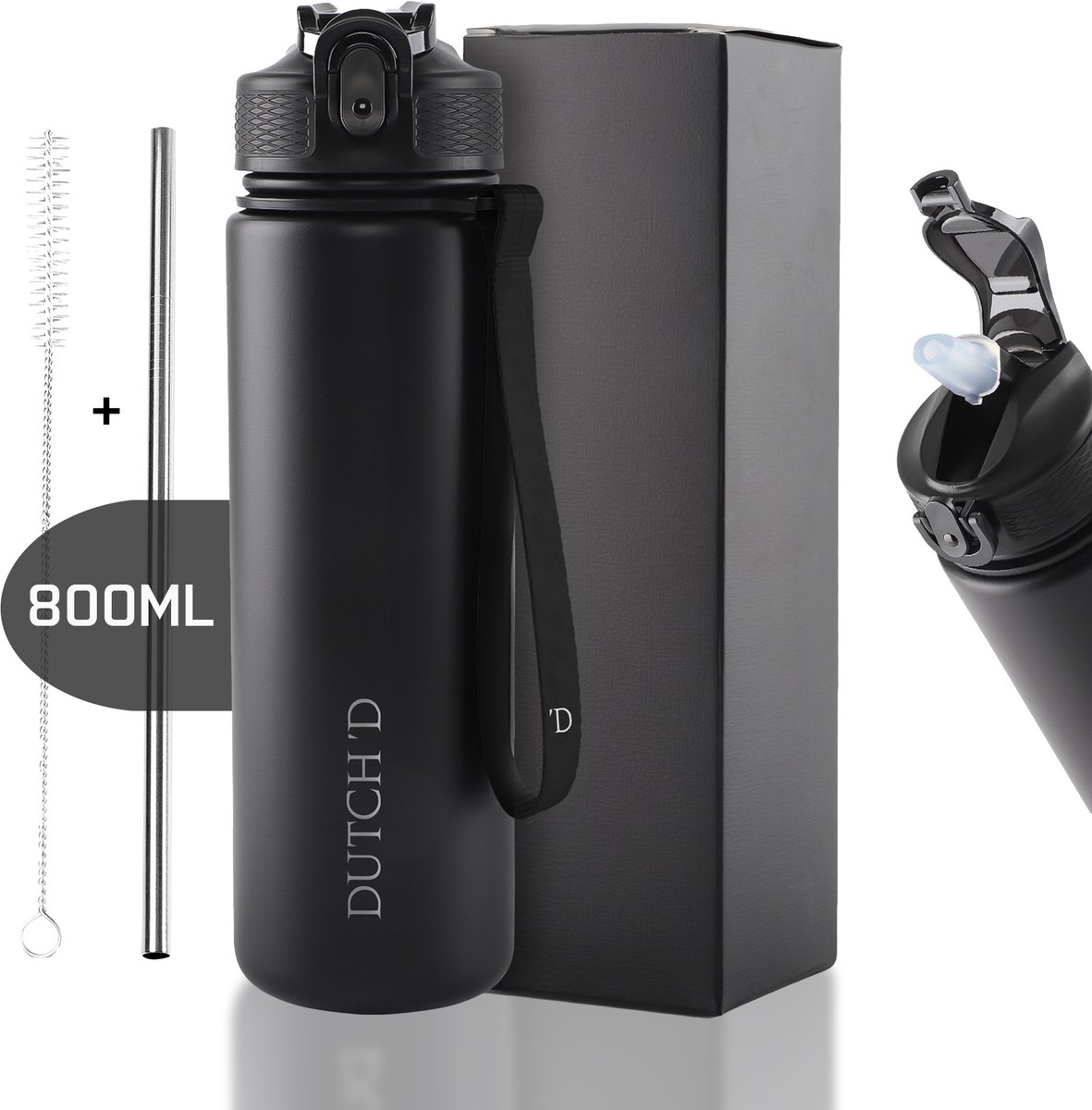 Dutch'D ® - 08 Liter - Thermo Waterfles met rietje - Drinkfles - Zwart - Tritan - BPA Vrij - Rietje - Lek Vrij - Drinkfles Volwassenen en Kinderen