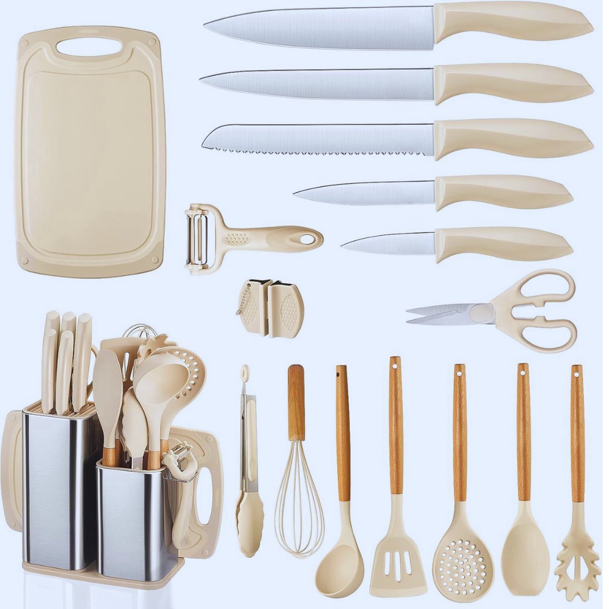 Thuys – 18 – delige Keukenmessenset – Met Blok En 7 – Delige Siliconen Spatels – Compleet Keukengerei Set – Kaki