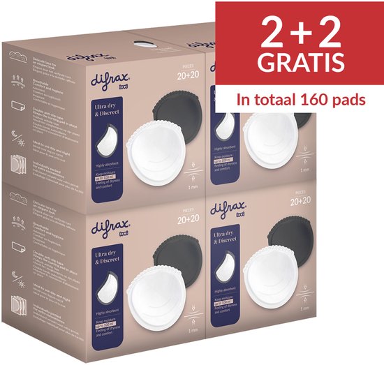 Verpakking met 4 pakken Difrax zoogcompressen, 2+2 gratis, in totaal 160 pads.