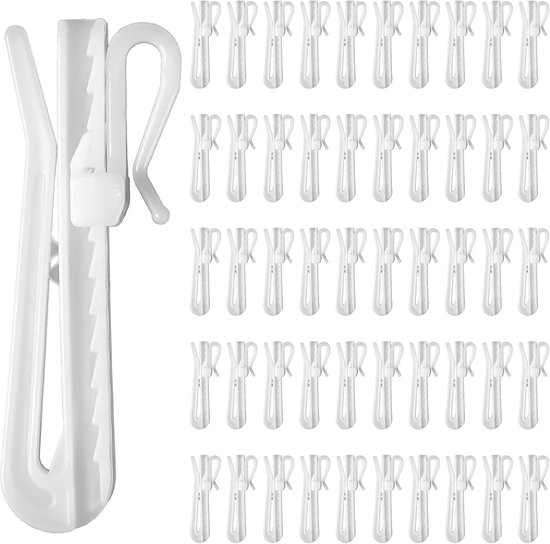 50 pièces de crochets de rideaux en plastique - crochets de rideaux - patins - réglables - crochets de rideaux en plastique blanc - supports de pince blancs pour rideau de douche - crochets de rideaux, rouleaux de rideaux (7 cm)