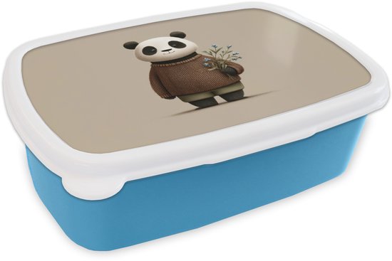 Broodtrommel Blauw - Lunchbox Panda - Blauwe bloemen - Zachtheid - Brooddoos 18x12x6 cm - Brood lunch box - Broodtrommels voor kinderen en volwassenen