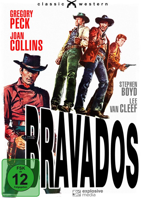 Filmaffiche voor 'Bravados' met Gregory Peck, Joan Collins, Stephen Boyd en Lee Van Cleef. Vier mannen met cowboyhoeden en geweren.