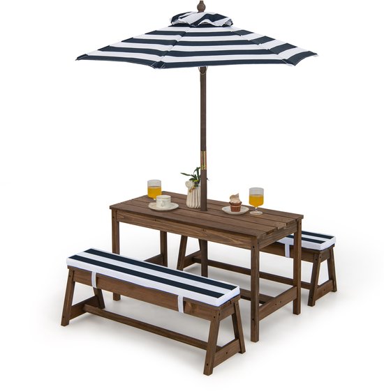 COSTWAY Ensemble de sièges pour enfants, table de pique-nique pour enfants avec bancs, coussins et parasol, ensemble de sièges pour enfants en bois, ensemble de sièges d'extérieur, meubles de jardin pour jardin, arrière-cour, terrasse (bleu)