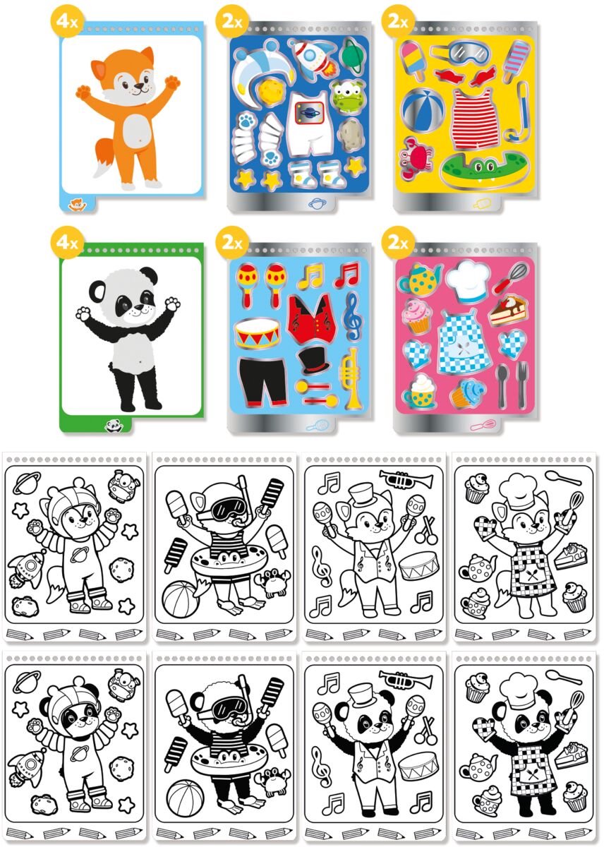 Totum Dress Me Up sticker aankleed- en kleurboekje vakantieboekje dieren 24 delig - speelgoed junior vanaf 3 jaar stickeren en kleuren - panda en vosje — afbeelding 7