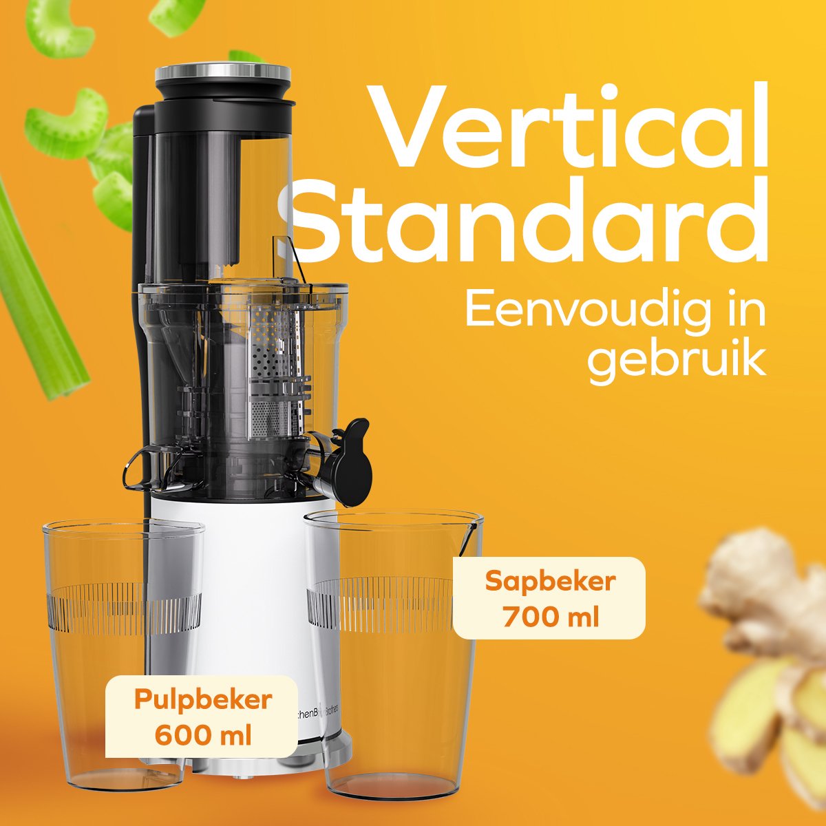 KitchenBrothers Slowjuicer - Sapcentrifuge - Verticaal - Juicer - Groenten en Fruitpers - 80 mm - 750 ml - Pearl White / Wit thumbnail 3