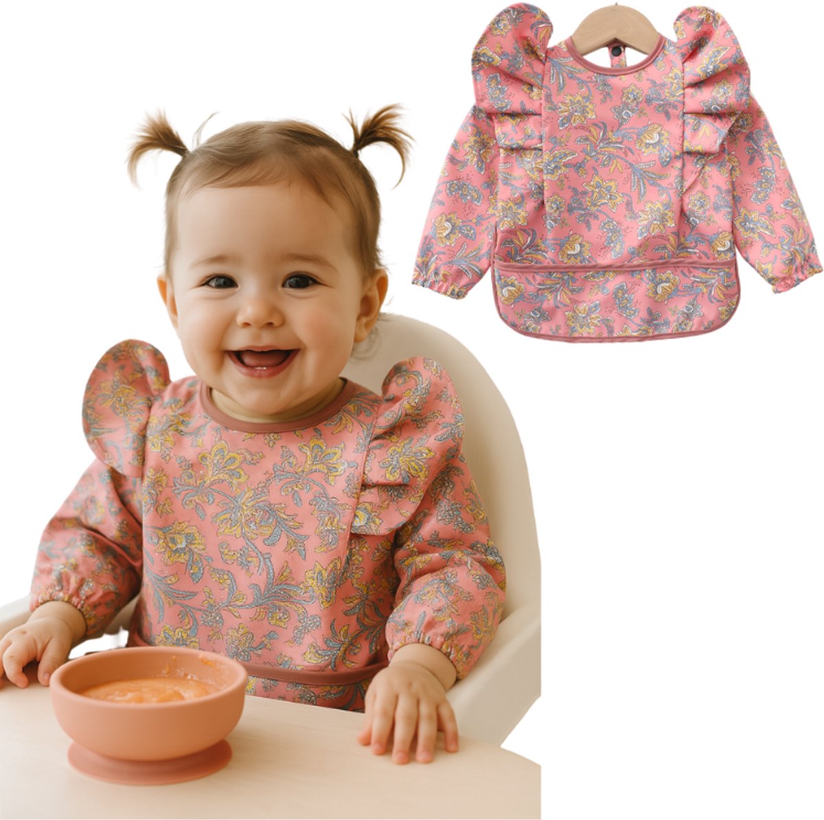 Joya Kids® Slabber Lange Mouwen Roze met Brede Opvangbak | Peuter Kliederschort met Pofmouwen | Verfschort | Schattig Baby Slabbertje Meisje / Schort | Mouwslab | Mouwslabber met Roze Bloemen | Maat M | 12 tot 24 Maanden Oud