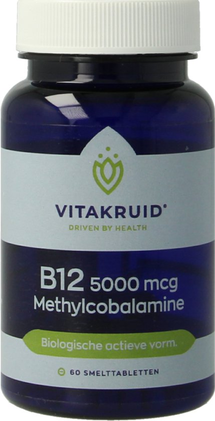 Blauwe pot met witte dop, met een wit label met daarop 'Vitakruid B12 5000 mcg Methylcobalamine'.