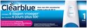 Clearblue zwangerschapstest met twee blauwe lijnen, uitslag 6 dagen vroeger. "Clearblue" logo.