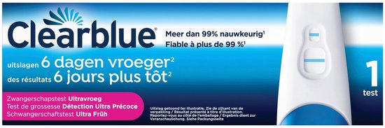Clearblue zwangerschapstest met twee blauwe lijnen, uitslag 6 dagen vroeger. "Clearblue" logo.