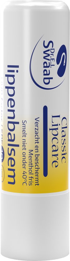 Gesloten lippenbalsemstick met witte huls en blauwe dop. Op de huls staat 'Dr. Swaab Classic Lipcare lippenbalsem', met de tekst 'Smeert niet onder 40°C'.