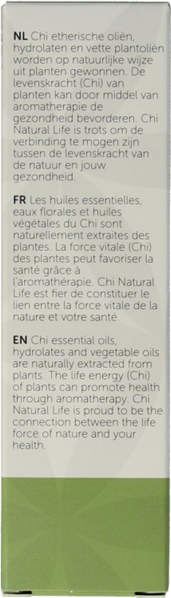 Zijde van de kartonnen verpakking met tekst over etherische oliën, botanische namen en Chi Natural Life.