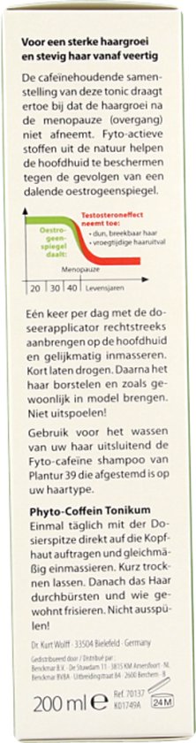 Fles Plantur 39 Phyto-cafeïne Tonikum 200 ml met gebruiksaanwijzing. Beschermt haarwortels, versterkt haargroei.
