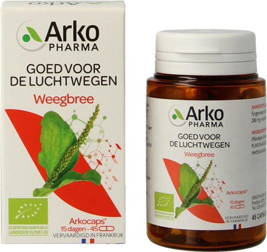 Doosje en flesje Arko Pharma Weegbree, met afbeelding van weegbree en organisch EU-landbouw logo.