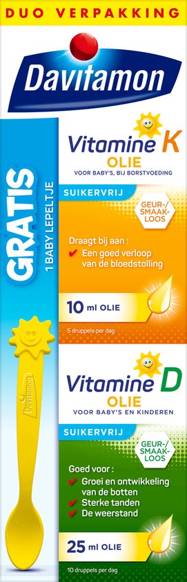 Davitamon duo verpakking met vitamine K olie, vitamine D olie en gratis baby lepel.