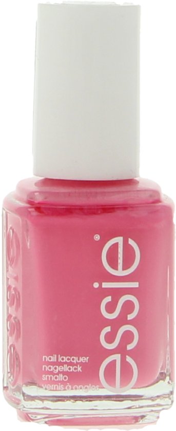 Essie nagellakflesje met felroze nagellak en een wit dopje. Tekst op het flesje: 'nail lacquer nagellack smalto vernis à ongles'.