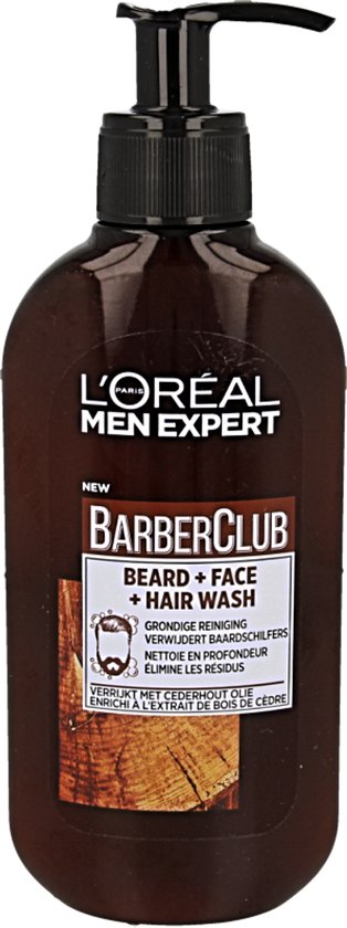 Bruine pompflacon van L'Oréal Men Expert BarberClub Beard + Face + Hair Wash.