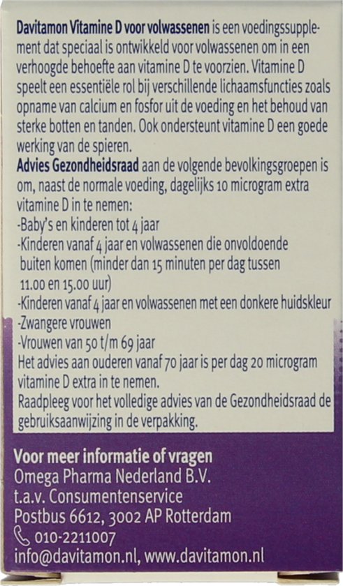 Voedingssupplement Davitamon Vitamine D voor volwassenen. Informatie over advies gezondheidsraad en contactgegevens.