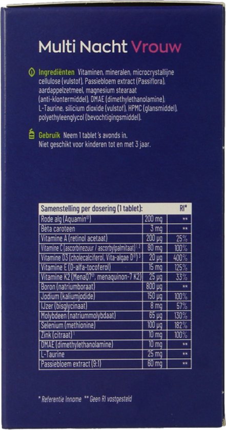 Ingrediëntenlijst voor Vitakruid Multi Nacht Vrouw. Bevat rode alg, bèta caroteen, diverse vitaminen, mineralen, L-Taurine.