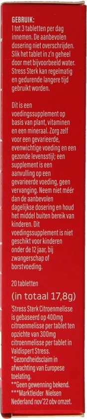 Zijkant van rode verpakking met productinformatie en ingrediënten.