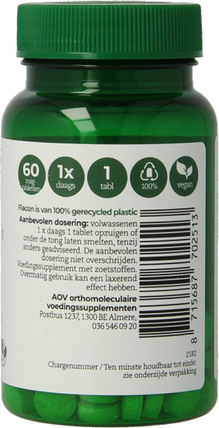 Groene pot met een etiket met de aanbevolen dosering, ingrediënten en de tekst '100% vegan'.