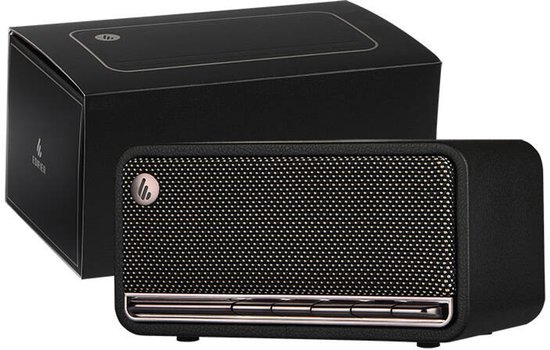 Zwarte Edifier MP230 draadloze Bluetooth speaker met grille en een zwart opbergdoosje.