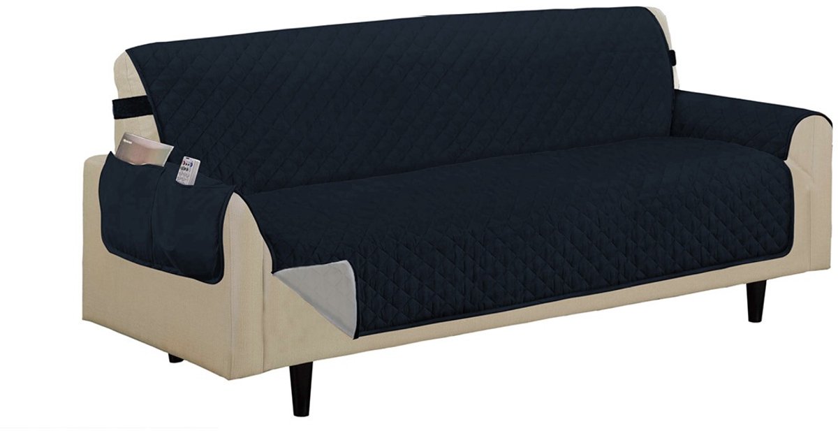 Orange Donkey Omkeerbare 3-zits bankhoes – Waterafstotende Bankbeschermer met Opbergvakken – 279x177 cm – Blauw/Grijs – Wasbaar & Antislip – Ideaal bij Huisdieren en Kinderen