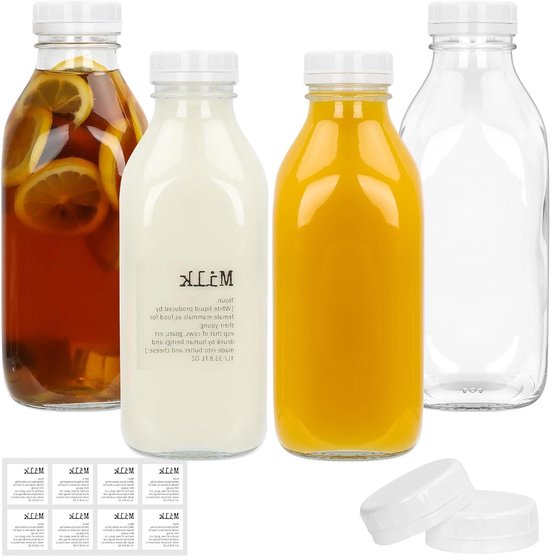 Flessenbauer - 8 melkflessen 0,5 liter met twist-off-schroefdeksels in wit - flessen met brede hals met 500 ml volume - geschikt als melkfles, sapfles en voor dressings of sauzen