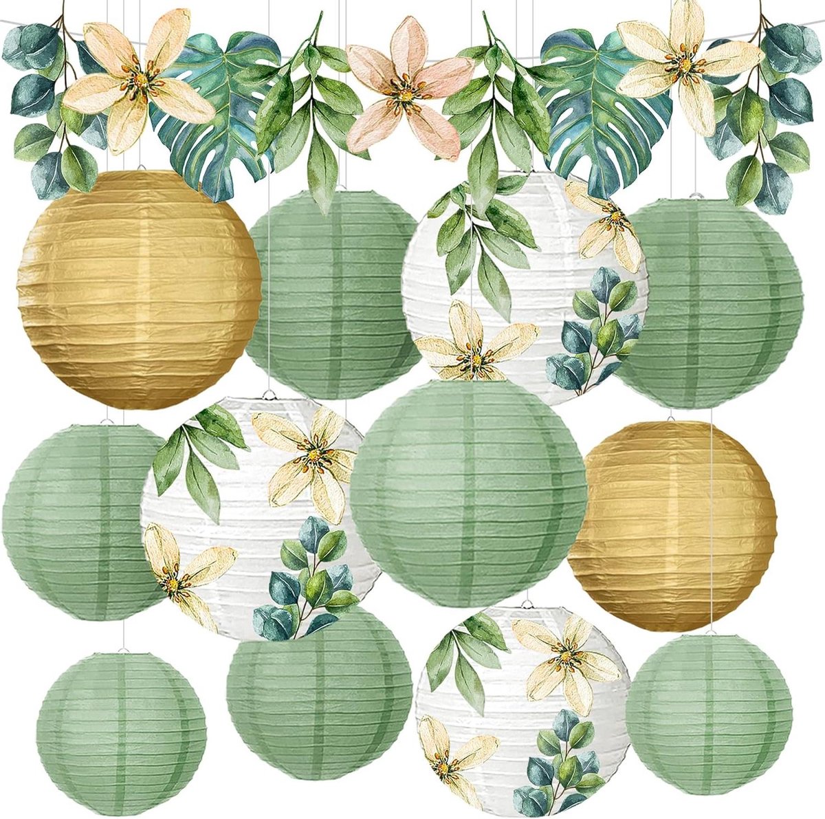 JGS Premium - Papieren lantaarn voor tuinfeest decoratie - 13 stuks geschikt voor communie, jeugdwijding, eucalyptus en babyshower