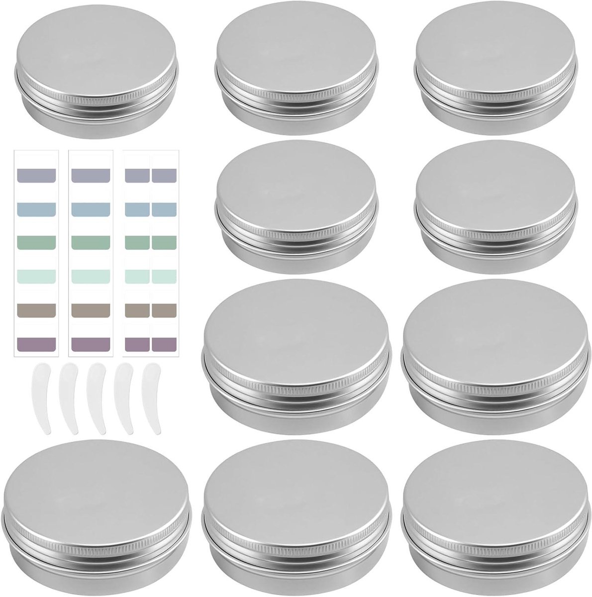 JGS Premium - Aluminium Blikken 60 ml en 30 ml - Hervulbare Containers - Zalven - Lotionbars - Cosmetica - Kaarsen - 10 Stuks - Lege Etiketten - Schraper - Zilver