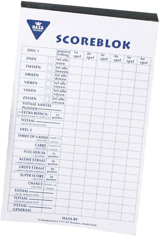 Scoreblok Yahtzee - 250 vel