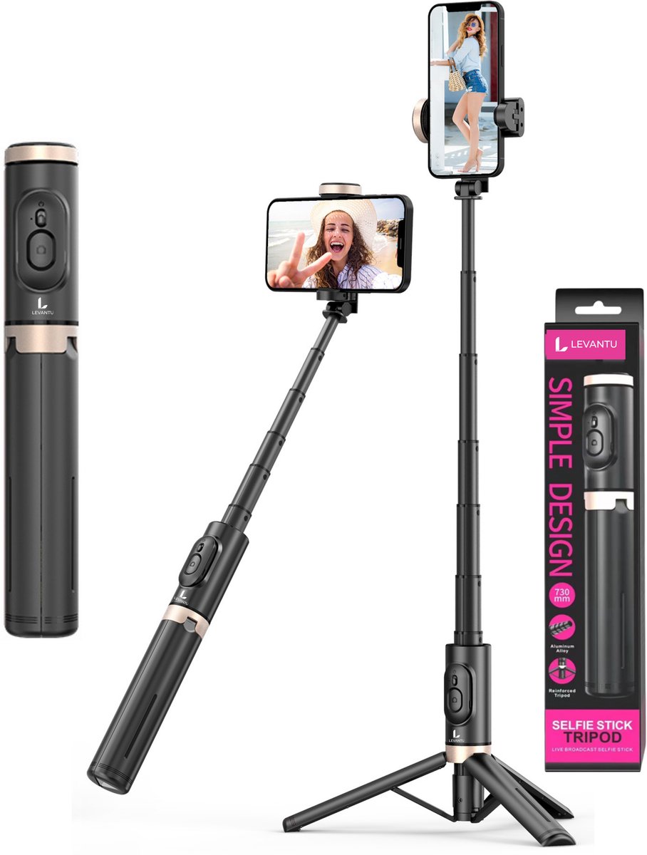 LEVANTU 3 in 1 Selfie Stick Tripod - Selfiestick Universeel - Foto en Video - Bluetooth Afstandsbediening - Telefoonhouder - Telefoon statief