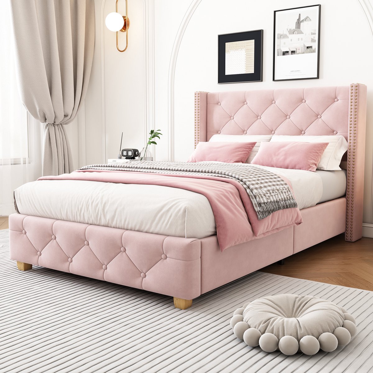 SINGULARITY Gestoffeerd bed - 90*200 cm - met lattenbodem en hoofdeinde - bekleding met knopen - genagelde bekleding - houten poten - Fluweel - Roze - Geen matras