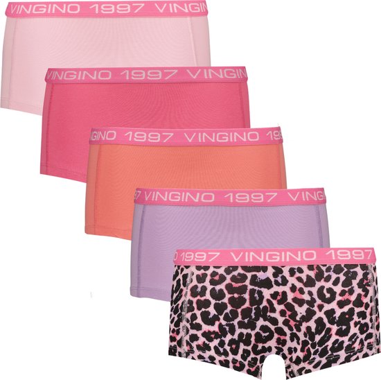 Set van 5 meisjesboxers, van boven naar beneden: lichtroze, roze, perzik, lila en een luipaardprint.