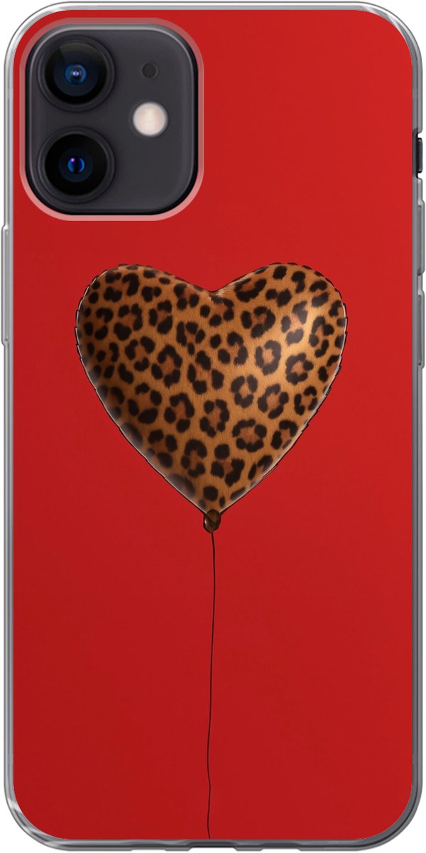 Telefoonhoesje Geschikt voor iPhone 12 hoesje - Ballon - Hartvormig - Rood - Panterpatroon - Siliconen Telefoonhoesje Telefoonhoesje