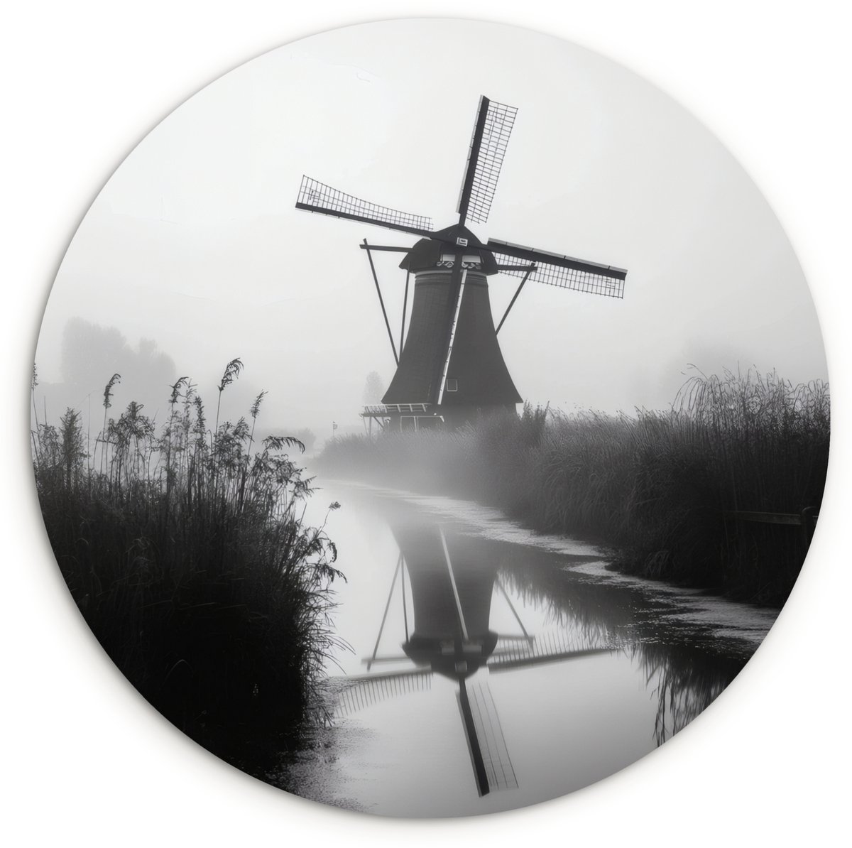 WallCircle Wandcirkel 140x140 cm - Muurcirkel Molen - Weerspiegeling - Landschap - Water - Muurdecoratie woonkamer - Wanddecoratie slaapkamer - Kamer decoratie accessoires - Ronde schilderijen Molen - Landschap