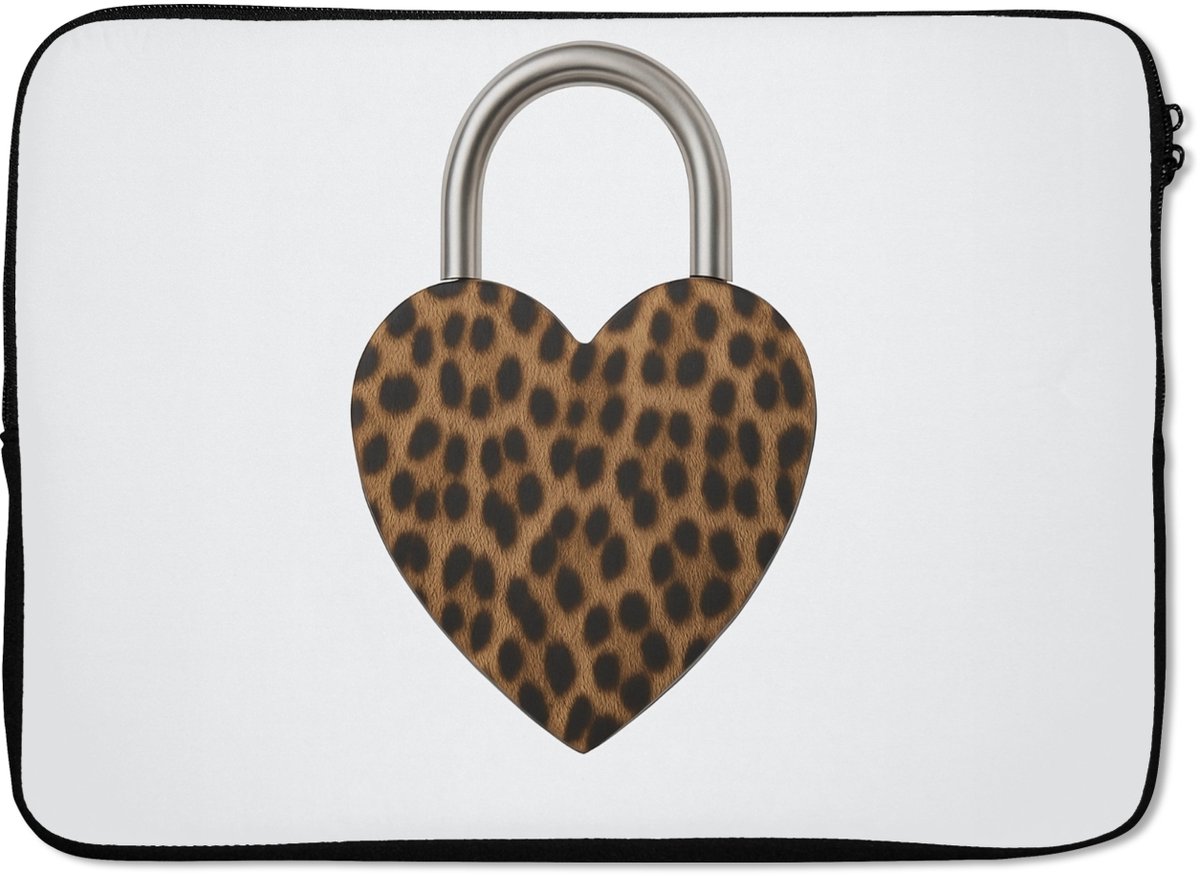 Laptophoes 14 inch - Slot - Hartvormig - Bruin - Panterprint - Laptop sleeve - Binnenmaat 33x23 cm - Zwarte achterkant