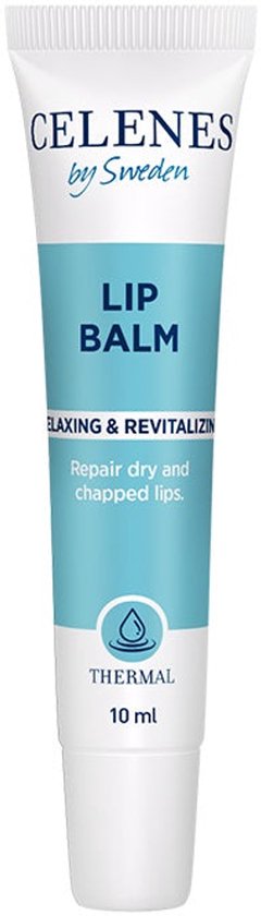 Tube Celenes by Sweden Lip Balm, 10 ml, met blauwe en witte opdruk.
