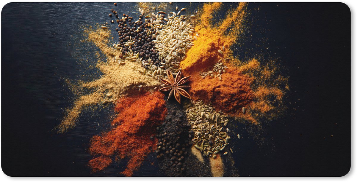 Muismat XXL 120x60 cm - Bureau onderlegger - Bureau mat Specerijen - Explosie - Oranje - Bureaumat - Gaming mousepad xl - Bureaulegger groot - Computer deskmat