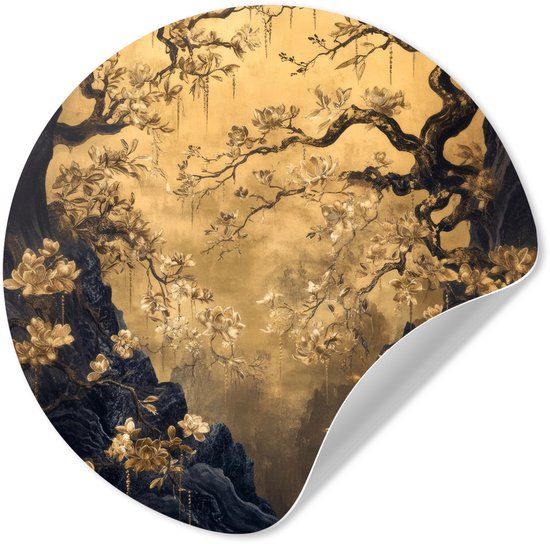 WallCircle® - Behangcirkel 140x140 cm - Muurstickers Bloemen - Takken - Goud - Sierlijk - Muurcirkel woonkamer - Wandcirkel slaapkamer - Kamer decoratie zelfklevend - Muurdecoratie accessoires