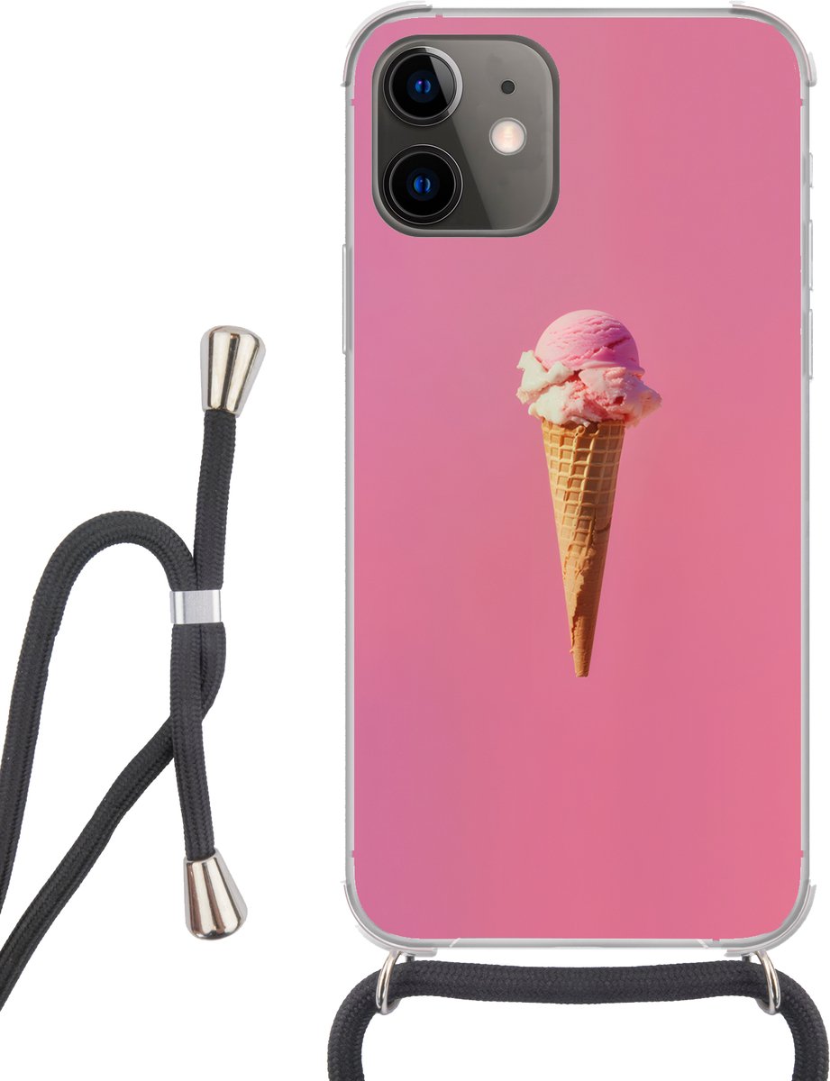 Telefoonhoesje Geschikt voor iPhone 12 Mini - Hoorntje - Schepijs - Roze - Siliconen - Crossbody - Backcover met Koord - Telefoonhoesje met koord - Hoesje met touw Telefoonhoesje