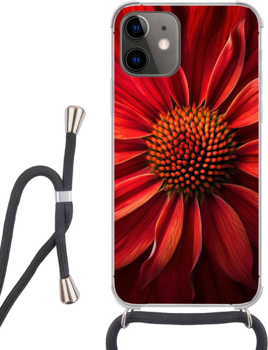 Telefoonhoesje Geschikt voor iPhone 12 Mini - Close up - Bloem- Rood - Siliconen - Crossbody - Backcover met Koord - Telefoonhoesje met koord - Hoesje met touw Telefoonhoesje