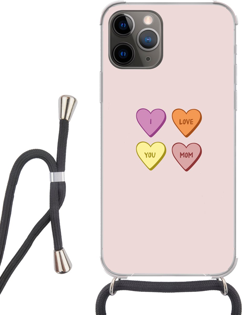 Telefoonhoesje Geschikt voor iPhone 12 pro crossbody - Hartjes - Pastel - Liefde - Moeder - Siliconen - Crossbody - Backcover met Koord - Telefoonhoesje met koord - Hoesje met touw Telefoonhoesje