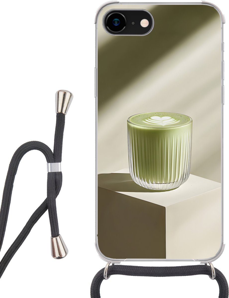 Telefoonhoesje Geschikt voor iPhone 8 - Matcha - Glas - Groen - Minimalistisch - Siliconen - Crossbody - Backcover met Koord - Telefoonhoesje met koord - Hoesje met touw Telefoonhoesje