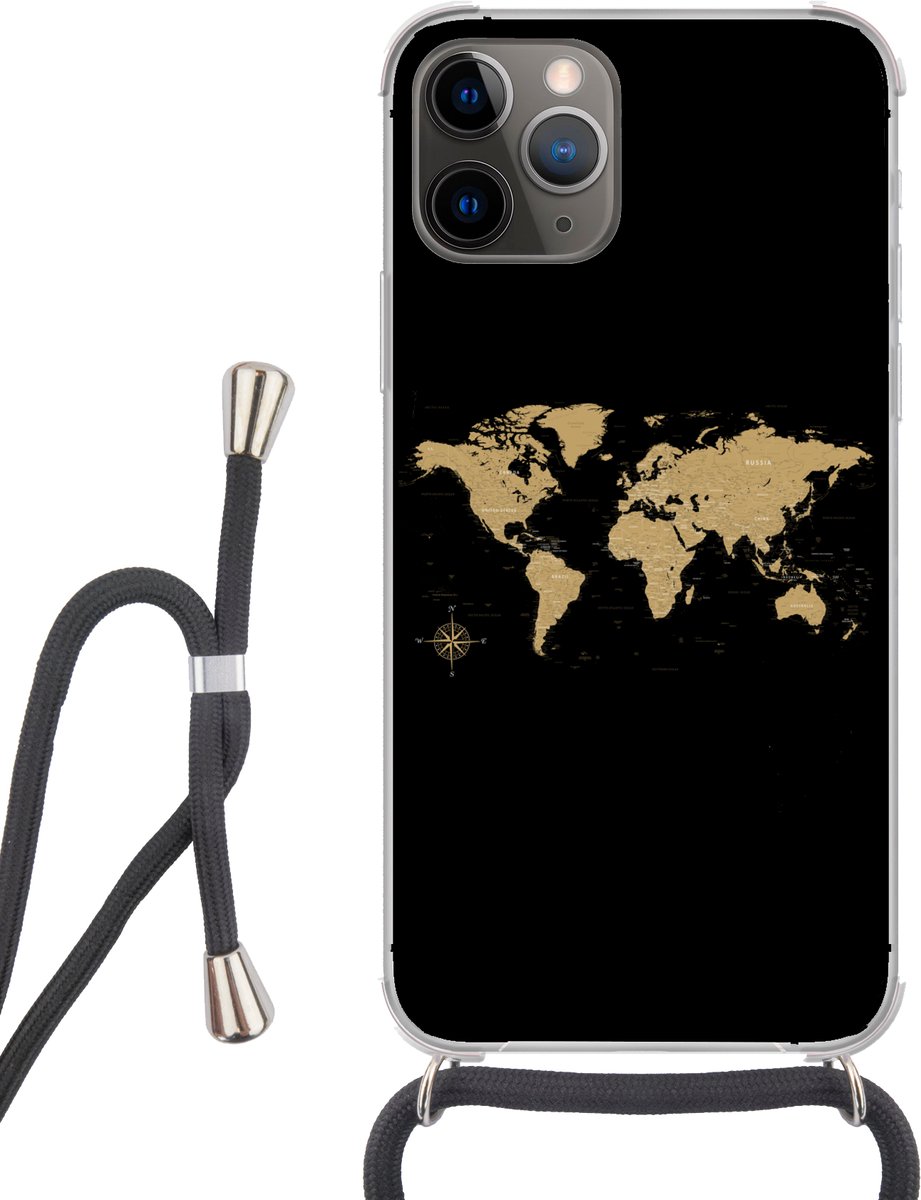 Telefoonhoesje Geschikt voor iPhone 13 Pro - Wereldkaart - Beige - Zwart - Siliconen - Crossbody - Backcover met Koord - Telefoonhoesje met koord - Hoesje met touw Telefoonhoesje