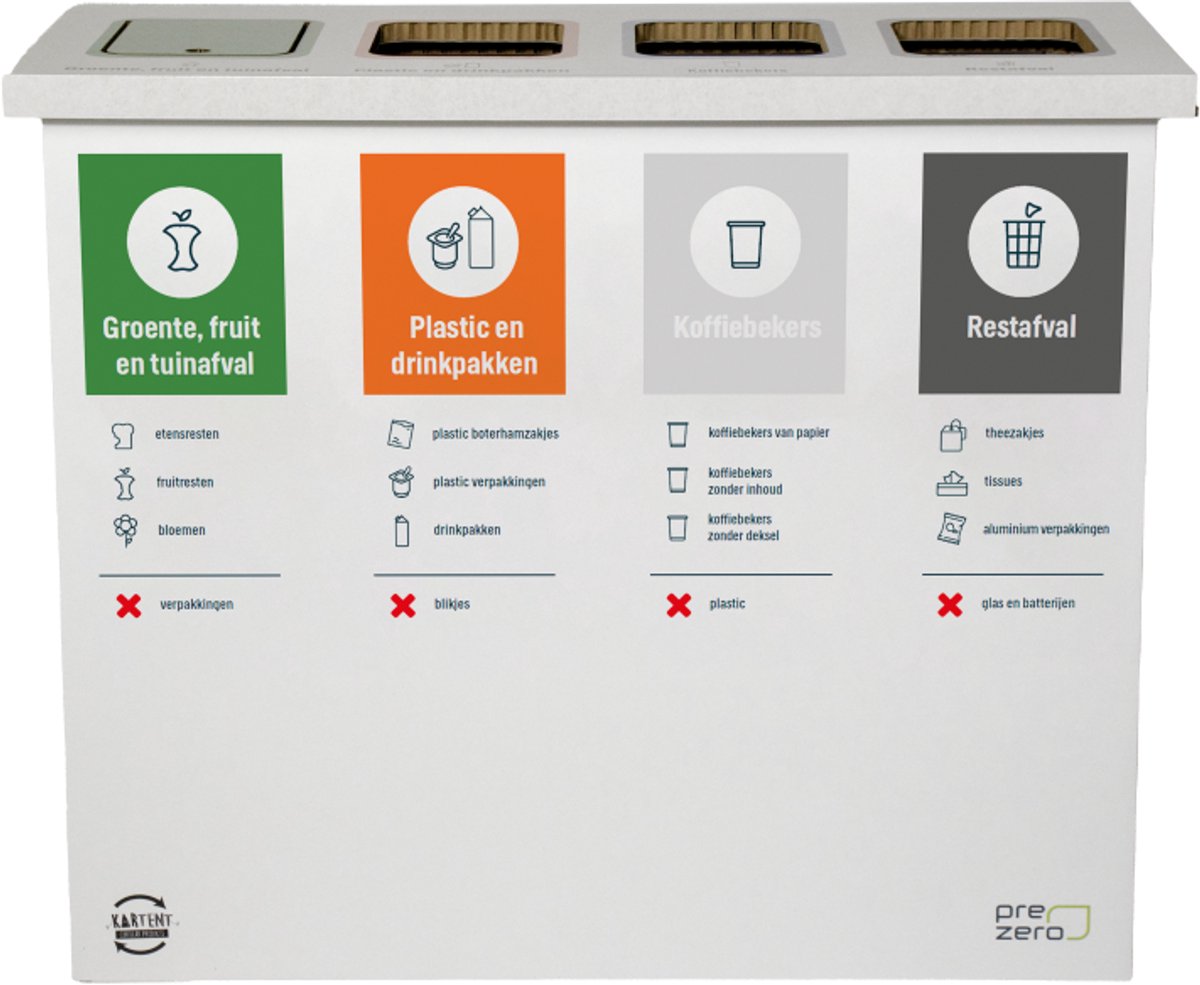 Kartonnen eco bin vier vakken - GFT - PD - Koffiebekers - Restafval - Afvalscheiden - Prullenbak - Kartent