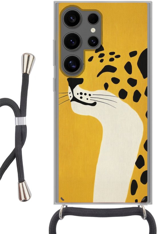 Telefoonhoesje Geschikt voor Samsung Galaxy S24 Ultra - Cheetah - Illustratie - Geel - Siliconen - Crossbody - Backcover met Koord - Telefoonhoesje met koord - Hoesje met touw Telefoonhoesje