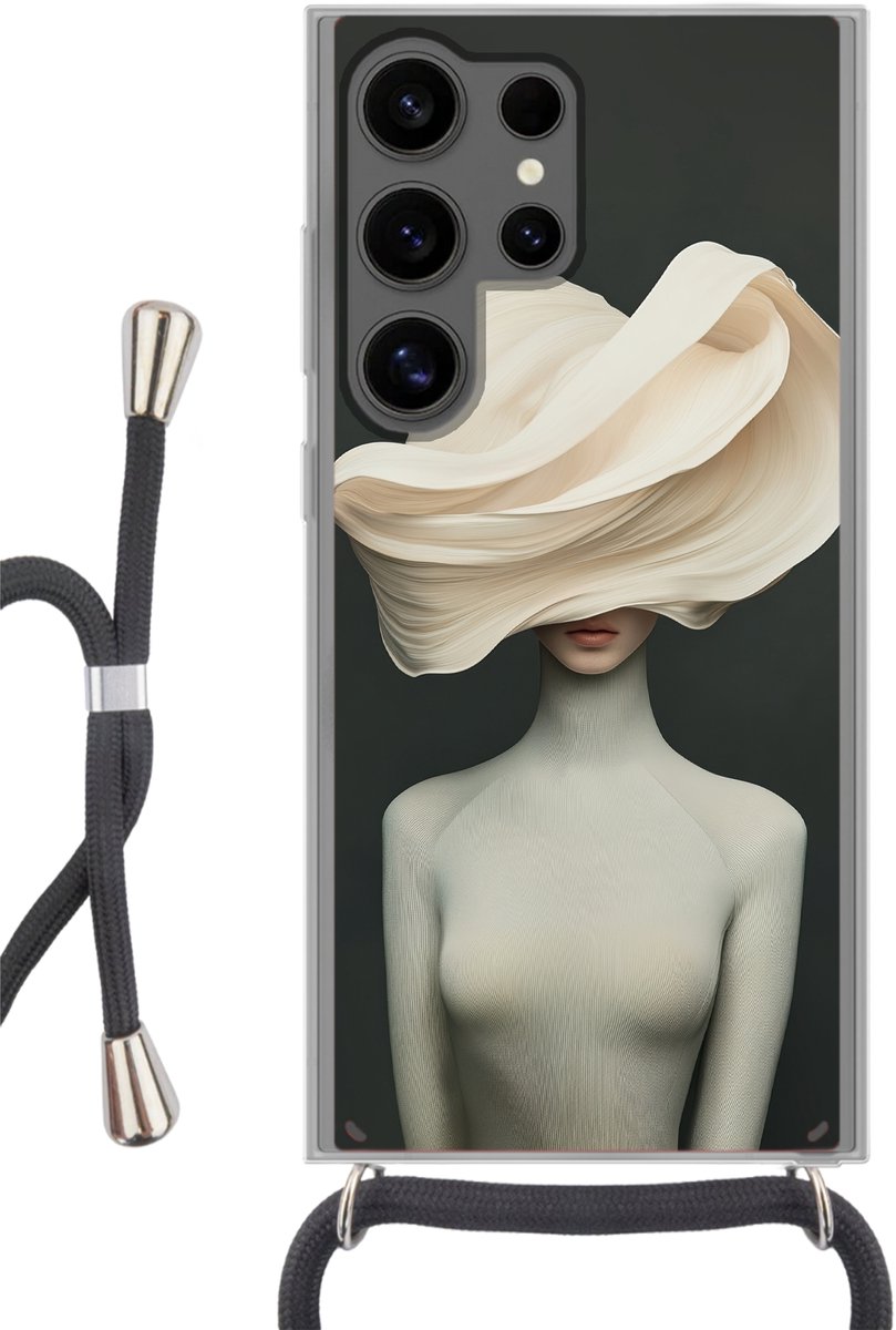 Telefoonhoesje Geschikt voor Samsung Galaxy S24 Ultra - Vrouw - Beige - hoed - Siliconen - Crossbody - Backcover met Koord - Telefoonhoesje met koord - Hoesje met touw Telefoonhoesje