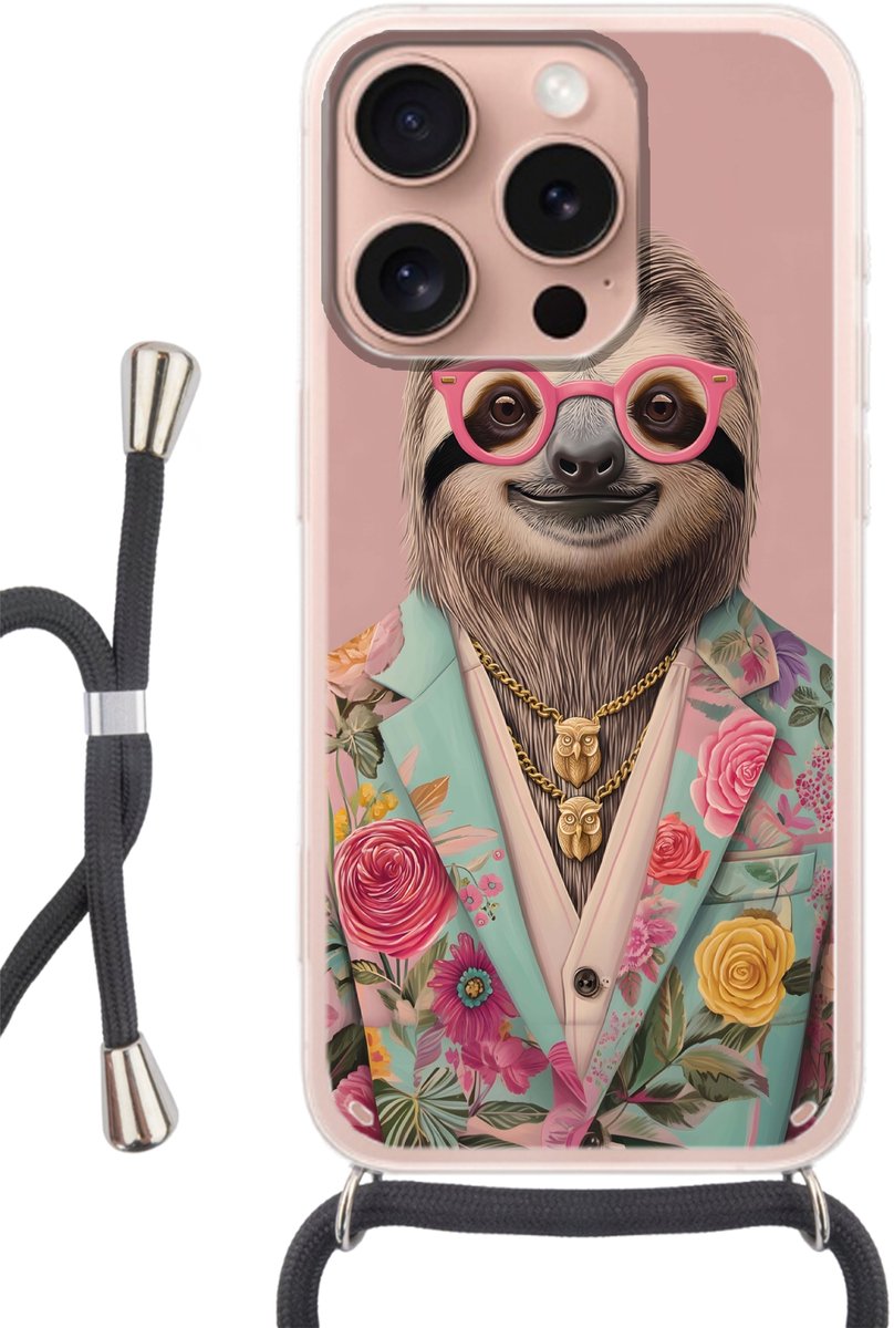 Telefoonhoesje Geschikt voor iPhone 16 Pro - Luiaard - Bloemenprint - Bril - Roze - Siliconen - Crossbody - Backcover met Koord - Telefoonhoesje met koord - Hoesje met touw Telefoonhoesje
