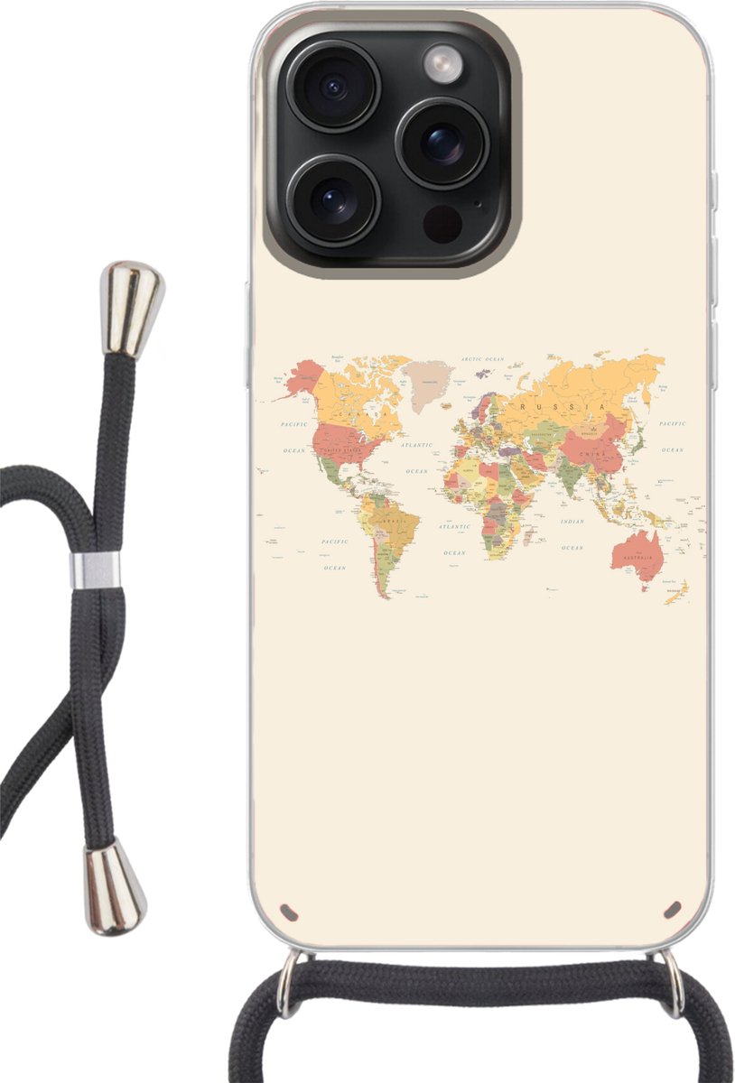 Telefoonhoesje Geschikt voor iPhone 15 Pro - Wereldkaart - Realistisch - Beige - Siliconen - Crossbody - Backcover met Koord - Telefoonhoesje met koord - Hoesje met touw Telefoonhoesje